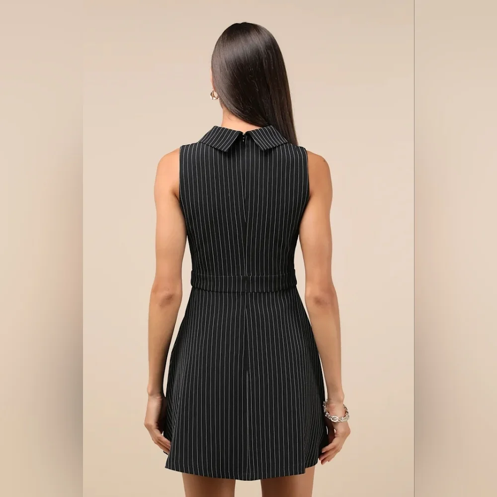 Lulus Totally Poised Black Pinstriped Collared Mini Dress With Pockets - Picture 2 of 7